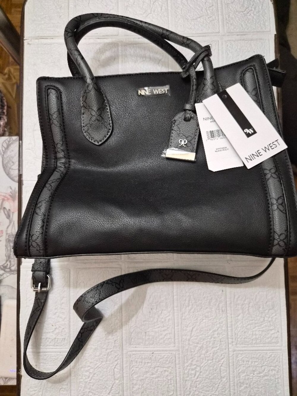 NINE WEST Aidenne Satchel Crossbody Med Handbag logoprint faux-leather Black NWT